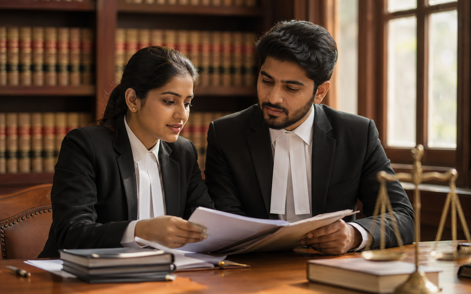 Two advocates reviewing a matter file together in chambers